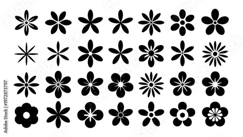 Varied geometric patterns composed of star-like shapes in black and white