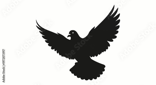 Black silhouette of a dove flying with wide spread wings isolated on white background. Minimalist bird illustration representing peace and freedom in a clean graphic vector style.