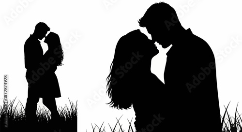 Black and white silhouettes of a romantic couple in two views: one full body standing in tall grass and one close-up profile of a man and woman embracing on a plain white background.