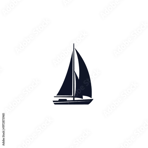 Minimalist black sailboat silhouette with dual sails and mast, featuring a detailed hull and cabin, isolated on a plain white background for nautical branding and vector design.