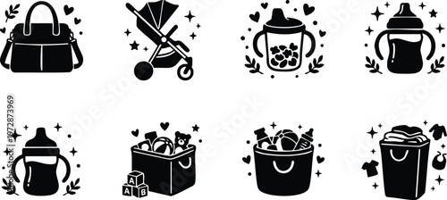 Black and white baby essentials icons including stroller bottle and toy basket