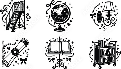 Black and white line art book stand globe staircase lamp and scroll icons with decorative swirls and hearts