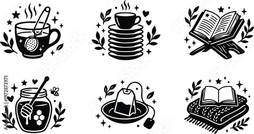 Black and white tea cup honey jar and open book line art vector illustrations