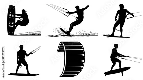 Illustrations of various water sports and activities involving surfboards and waves