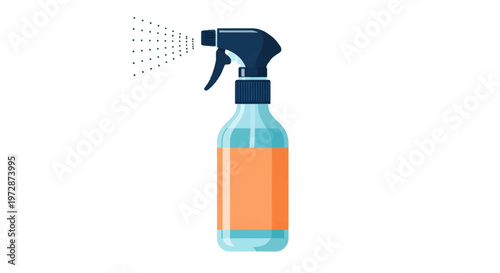 Flat vector illustration of a plastic spray bottle with an orange label and blue liquid, featuring a dark blue trigger sprayer emitting a fine mist spray on a white background.