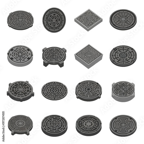 Collection of 16 different manhole cover designs and sewer drainage lids featuring various circular and square shapes with industrial geometric relief patterns on a white background.