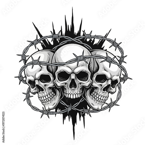 Monochrome illustration featuring three human skulls entwined within a circular loop of sharp barbed wire against a black spiked ink splatter background on a white surface.