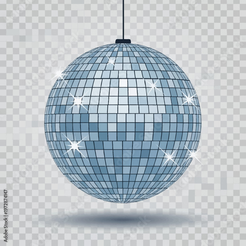 Silver mirrored disco ball with white sparkling lens flares hanging from a black cord, casting a soft shadow on a transparent checkered background for event decoration.
