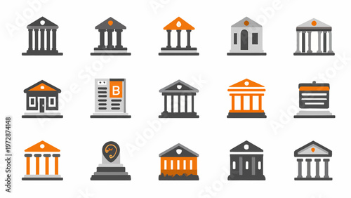 Flat bicolor pictograms of various bank buildings and services icons