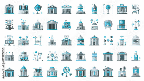 Flat bicolor pictograms depict various business and bank services in a digital illustration style.