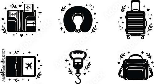 Black and white travel essentials icons including passport luggage and neck pillow