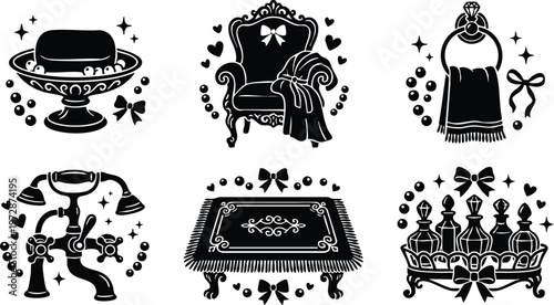 Black and white vintage bathroom accessories vector art set with towel ring soap dish armchair faucet table and perfume bottles