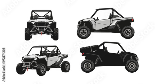 Sport UTV side-by-side off-road vehicle vector silhouettes showing front view, side profile, and perspective angles with roll cage and off-road tires on white background.