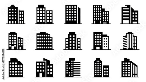 Collection of stylized black and white building silhouettes arranged in a grid pattern