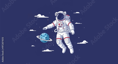 Flat vector illustration of a stylized astronaut in a white spacesuit floating in a dark blue space environment next to a small blue ringed planet with white cartoon clouds.