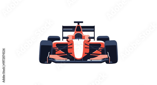 Front view vector illustration of a modern formula racing car in orange, white, and black colors, showing aerodynamic front wing and wide tires, isolated on a white background for design.