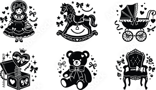 Black and white vintage doll teddy bear rocking horse doll carriage and chair vector art