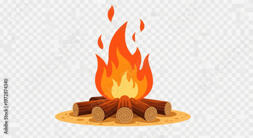 Vector illustration of a cartoon campfire with bright orange and yellow flames burning on a pile of brown wooden logs over a circular patch of sand isolated on a transparent background.