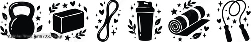 Kettlebell butter resistance band shaker bottle yoga mat and jump rope icons