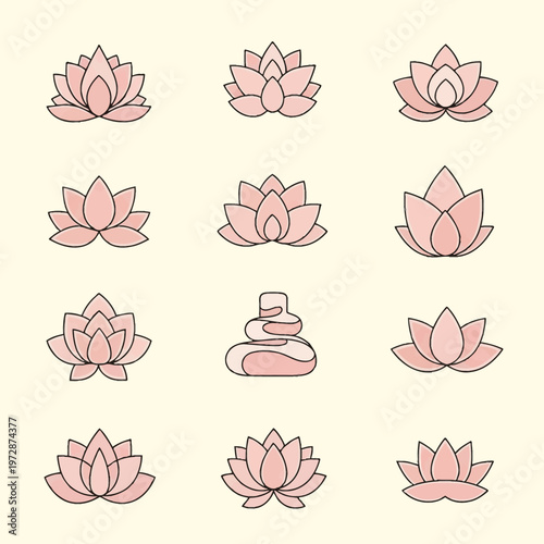 Vector set of abstract pink lotus flower icons and stacked zen stones in minimalist line art style. Set includes various floral symbols for wellness, spa, yoga, and meditation branding.