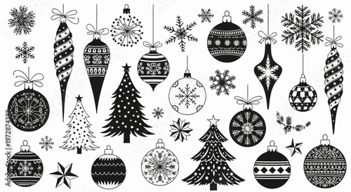 Set of black and white Christmas ornament silhouettes and line art including baubles, icicle finials, snowflakes, stars, and decorated pine trees on a clean white background.