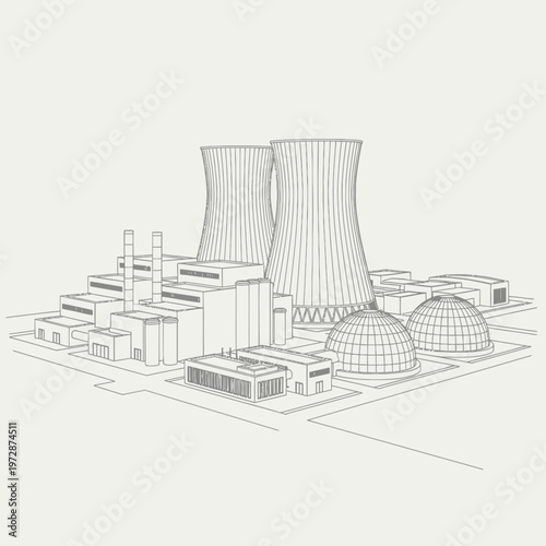Detailed blueprint of a nuclear power plant with cooling towers.
