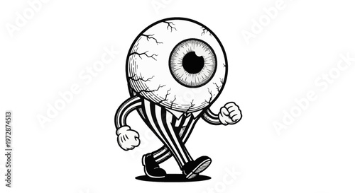 Vintage black and white cartoon illustration of a walking eyeball character wearing striped trousers and gloves, depicted in a classic rubber hose animation style on white background.