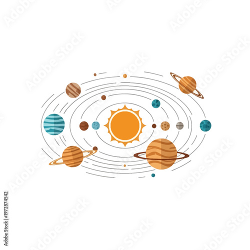 Modern flat design vector illustration of the solar system featuring a central sun surrounded by elliptical orbital paths with various planets, moons, and rings on white background.