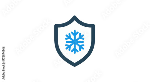 Frost-resistant vector icon featuring a light blue snowflake symbol inside a dark blue protective shield outline, isolated on white for cold protection and winter cooling concepts.