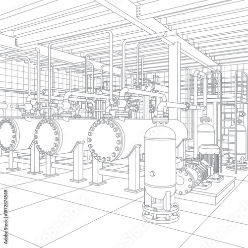 Detailed blueprint of an industrial facility with large cylindrical tanks and intricate piping systems.
