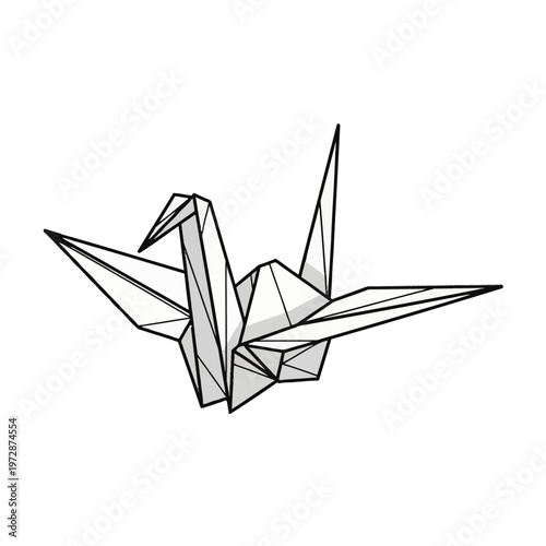 Monochrome vector illustration of a traditional Japanese origami crane, featuring geometric line art and subtle gray shading on a white background, representing paper folding art.