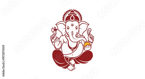 Stylized maroon and white vector illustration of Hindu deity Lord Ganesha seated with four arms, holding a ritual axe, rope, and sweet modak, featuring intricate line art details.
