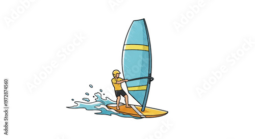 Cartoon doodle illustration of a male windsurfer wearing a yellow helmet and shirt, riding an orange windsurf board with a blue sail through ocean waves, isolated on a white background.