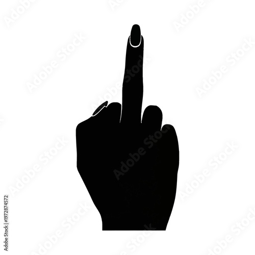 Black silhouette of a woman's hand showing the middle finger gesture with long manicured fingernail, offensive hand sign isolated on a white background for graphic design.