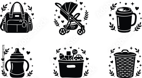 Black and white vector art baby essentials including stroller diaper bag and toys