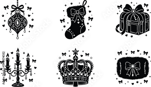 Black and white christmas ornament stocking gift candelabra crown and muff vector art