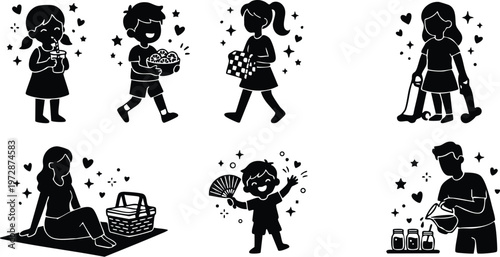 Children and adults enjoying picnic activities with food and drinks