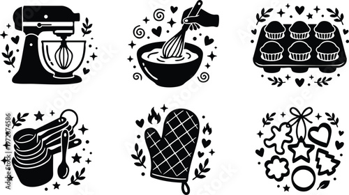 Black and white baking kitchen tools with oven mitt and cookies vector art