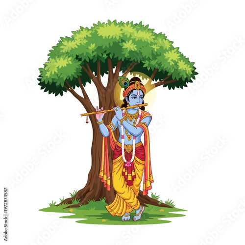Vector illustration of Hindu deity Lord Krishna with blue skin playing a flute under a green tree, wearing traditional yellow dhoti, peacock feather crown, and gold jewelry.
