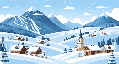 Vector illustration of a winter mountain village landscape featuring snow-covered wooden cottages, a church steeple, alpine ski slopes, evergreen trees, and light falling snow.