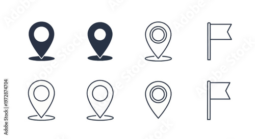 Collection of map marker and location pin icons including solid and outline designs with flag symbols for navigation, GPS tracking, and geographical interface design elements.