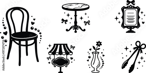 Black and white vintage cafe table chair flower vase and menu icons set