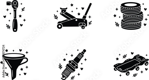 Black and white mechanic tools with sparkles and hearts vector art icons