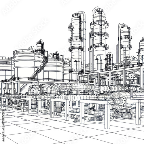 Detailed Wireframe Blueprint of a Large Industrial Chemical Plant.