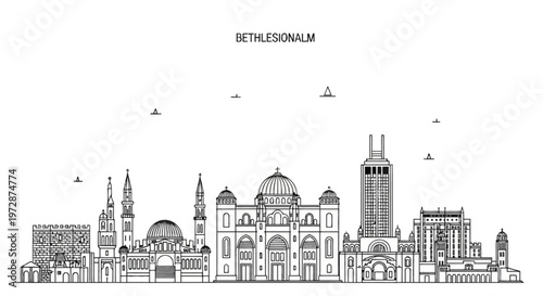 Minimalist black and white line art illustration of the Bethlesionalm skyline, featuring historical landmarks, religious architecture with domes and minarets, and modern buildings on white.
