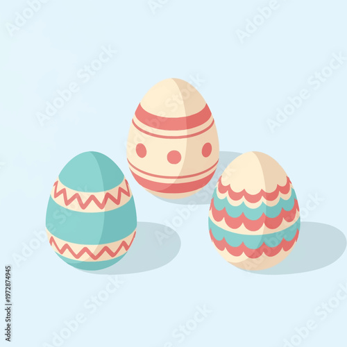 Three decorative Easter eggs in pastel shades of blue, cream, and pink with various geometric patterns including zigzags, horizontal stripes, dots, and wave motifs on a light blue background.