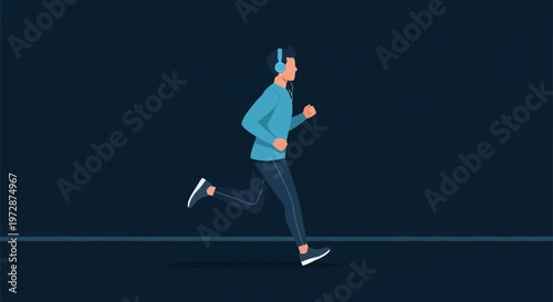 Side profile vector illustration of a young man jogging at night, wearing a light blue long-sleeve shirt, dark navy leggings, and blue headphones on a solid dark background.