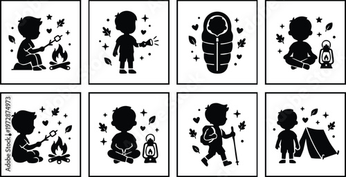 Black and white silhouette camping icons with children roasting marshmallow flashlight and tent