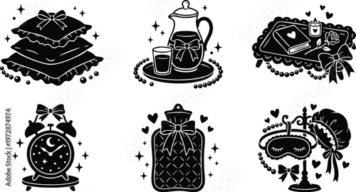 Black and white retro pampering items with ribbons and hearts vector art