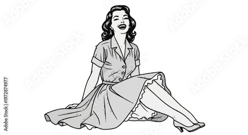 Vintage black and white illustration of a joyful pin-up girl from the 1950s sitting on the floor and laughing, wearing a retro collared dress with a full skirt and high heel shoes.
